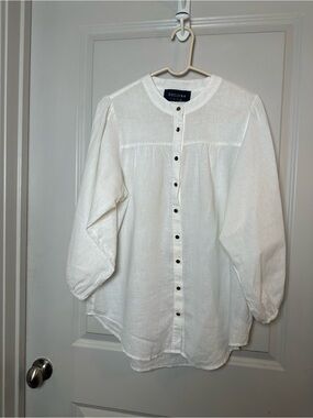 Decjuba Cotton/Linen White Lightweight Mandarin Collar Lantern Sleeves Top, 14